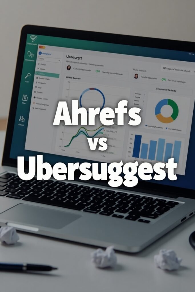 SEO tools comparison Laptop dashboard – Ahrefs vs Ubersuggest