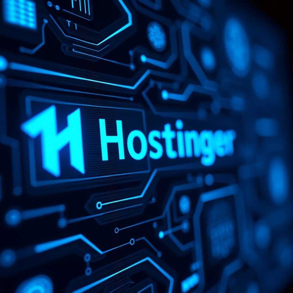 Bluehost vs Hostinger:
Hostinger logo on a digital marketing background with comparison graphics
