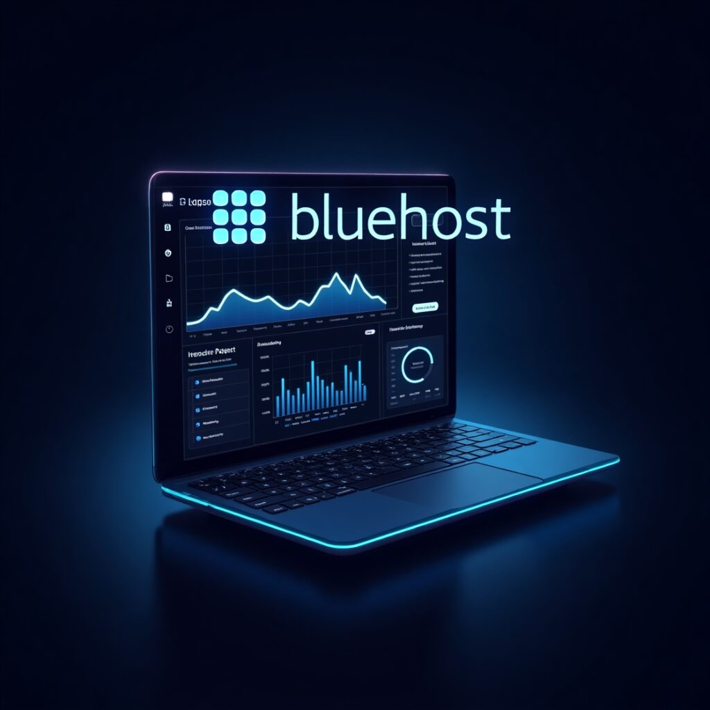 Bluehost vs Hostinger:
Bluehost logo on a digital marketing background with comparison graphics
