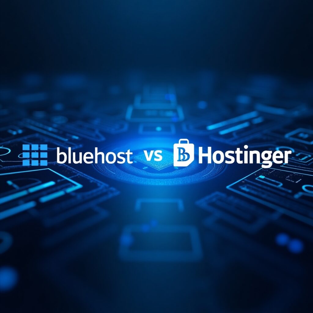 Bluehost vs Hostinger logos side by side on a digital marketing background with comparison graphics