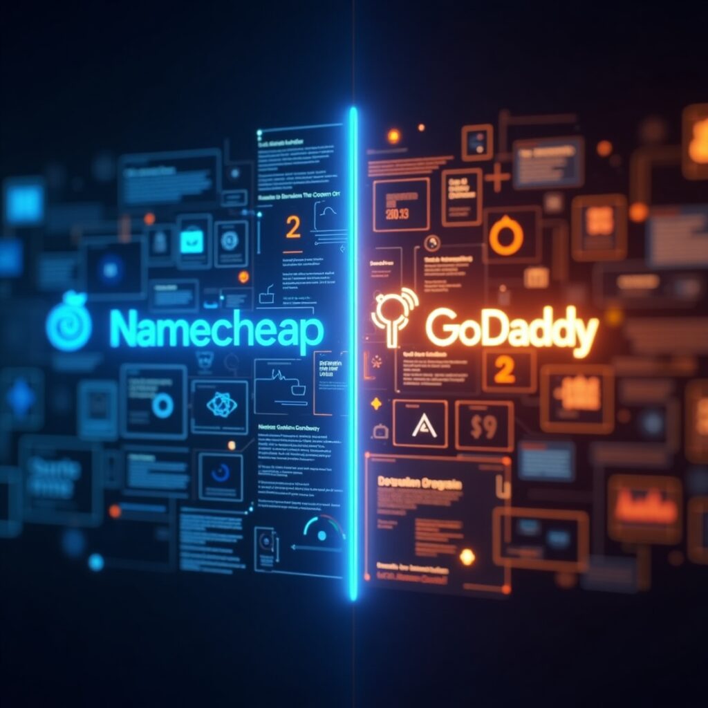 Namecheap vs GoDaddy comparison 2025 with digital interface