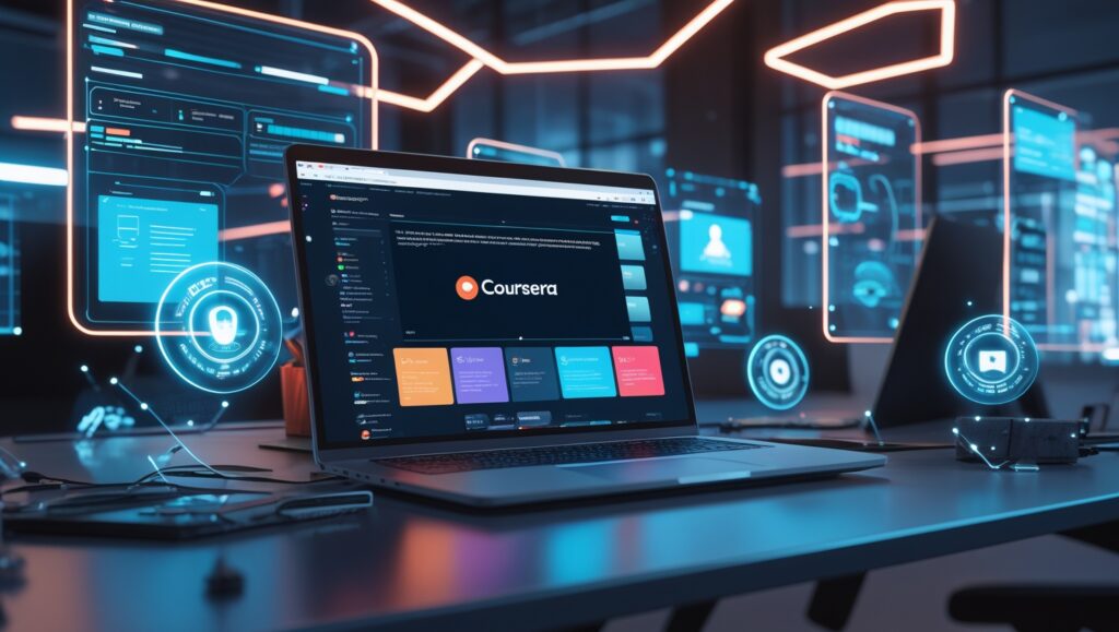 Coursera Plus 2025 – Futuristic Online Learning Dashboard with Neon UI"