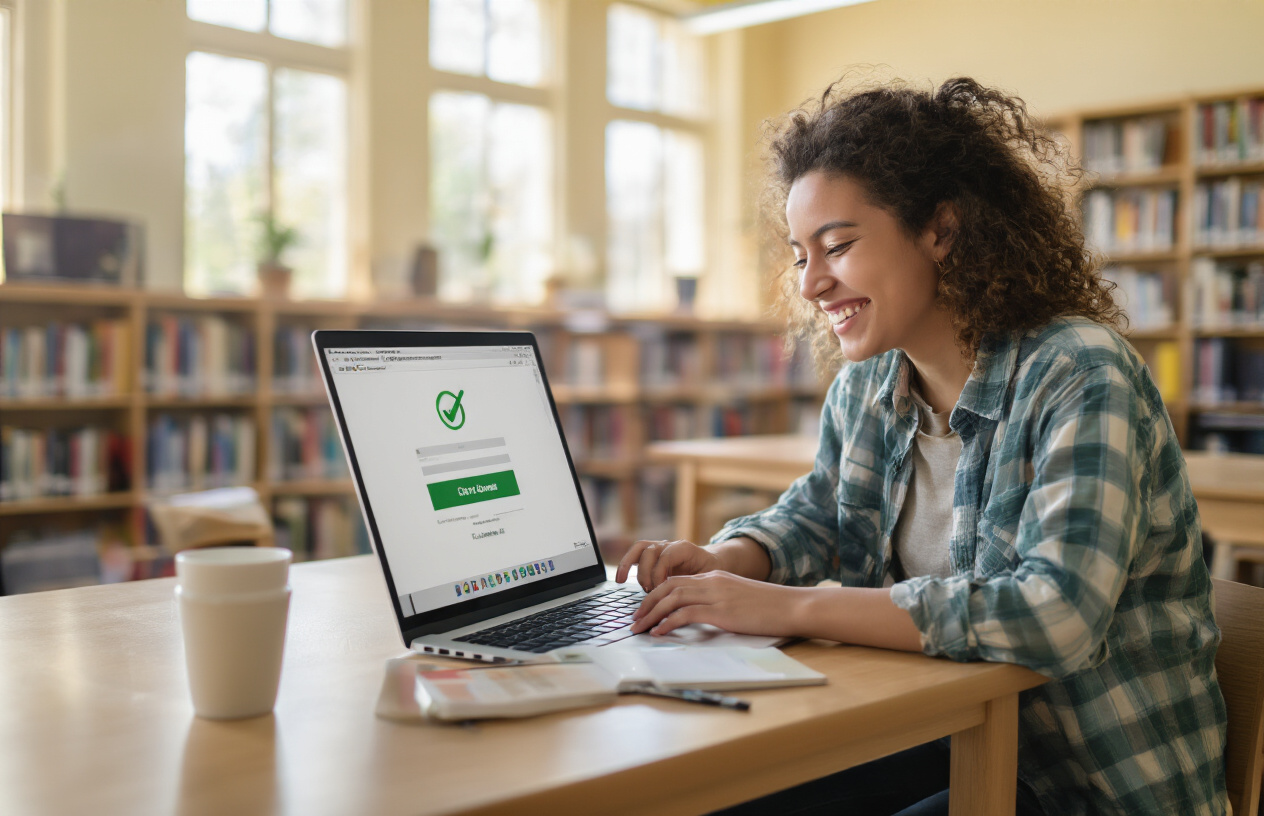 Create a realistic image of a relieved student successfully accessing Ohlone Canvas on a laptop, with the login page visible and a green checkmark indicating success, set in a bright college library with soft natural lighting streaming through windows, conveying accomplishment and satisfaction.